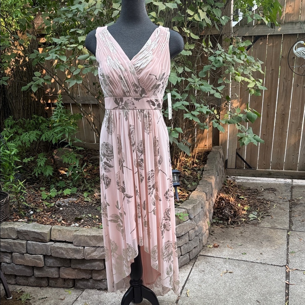 Vintage Eliza J Elegant Floral Pink hi lo flowy dress gold metallic & pink. Sz 4